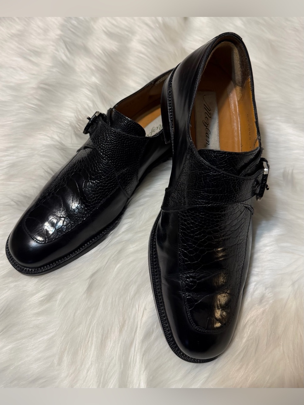 Mezlan Genuine Ostrich Black Leather Monk Strap Dress Shoes